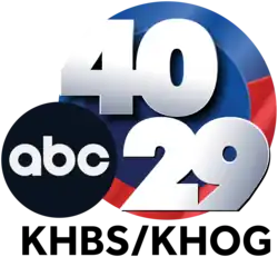 On a blue disk with a ring that is half red and half blue, bold shiny white numerals "40" in the upper left and "29" in the lower right, with the ABC logo sitting atop the disk in the lower left. Beneath are the letters "KHBS/KHOG" in a sans serif.