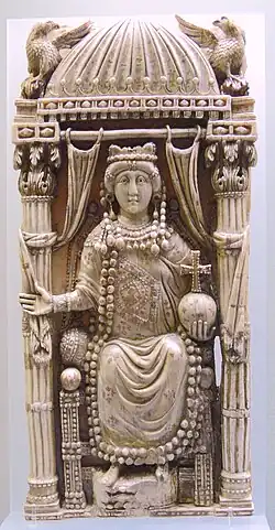 Diptych Leaf with a Byzantine Empress; 6th century; ivory with traces of gilding and leaf; height: 26.5&nbsp;cm; Kunsthistorisches Museum (Vienna, Austria)[126]