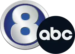 A silvery 8 in a blue circle with silver trim, with the ABC logo to the right and slightly below.