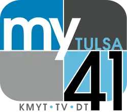 A rounded rectangle divided into blue and gray parts with the word "my" in white, a small "Tulsa" in the upper right, and a black "41" in the lower right. Beneath are the words "KMYT • TV • DT" in gray with blue bullets.