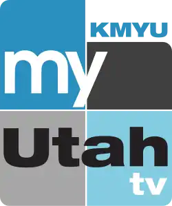 A rounded rectangle divided into blue and gray parts with the word "my" in white and a black word "Utah" across the lower half, with "TV" in the lower right. The upper left quadrant is expanded to suggest the shape of the state of Utah. The letters "KMYU" in blue are added outside in the upper right.
