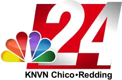 The NBC peacock and a shiny slanted white numeral 24 sitting atop a smaller red parallelogram