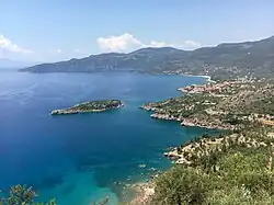 View of Kardamyli and surrounding areas from atop a cliff to the South