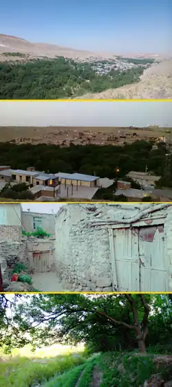 Four photographs of the area showing the city from far away, a closer scene of buildings, a street scene, and an outdoor scene with a tree