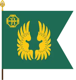 The colour of the Kainuu Jaeger Battalion, part of the Kainuu Brigade, follows the traditional swallow-tailed format of infantry units. The flag features the family crest of the founder of the city of Kajaani, count Brahe, as well as the symbol of the 14th Division which was formed and fought in the vicinity.[24]