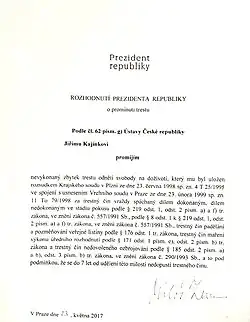 Photocopy of the presidential pardon given to Kajínek (in Czech)