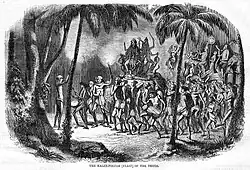 1858 illustration of a thuggee puja to Kali in Harper's Weekly