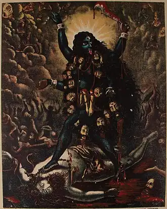 As Kali, she is ferocious and destroys evil