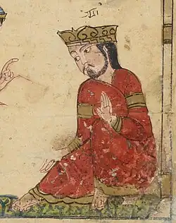 Kalila wa Dimna BNF Arabe 3465, folio 20v. King wearing the aqabā' turkī with uninscribed tiraz armbands.[19]