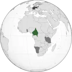 Location of Kamerun: Green: Territory comprising German protectorate of Kamerun Dark grey: Other German territories Darkest grey: German Empire