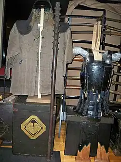 An old Japanese wood club with iron spikes (a kanabō or tetsubō), 4′ 9″ long and 4&nbsp;lb (1.8&nbsp;kg) in weight