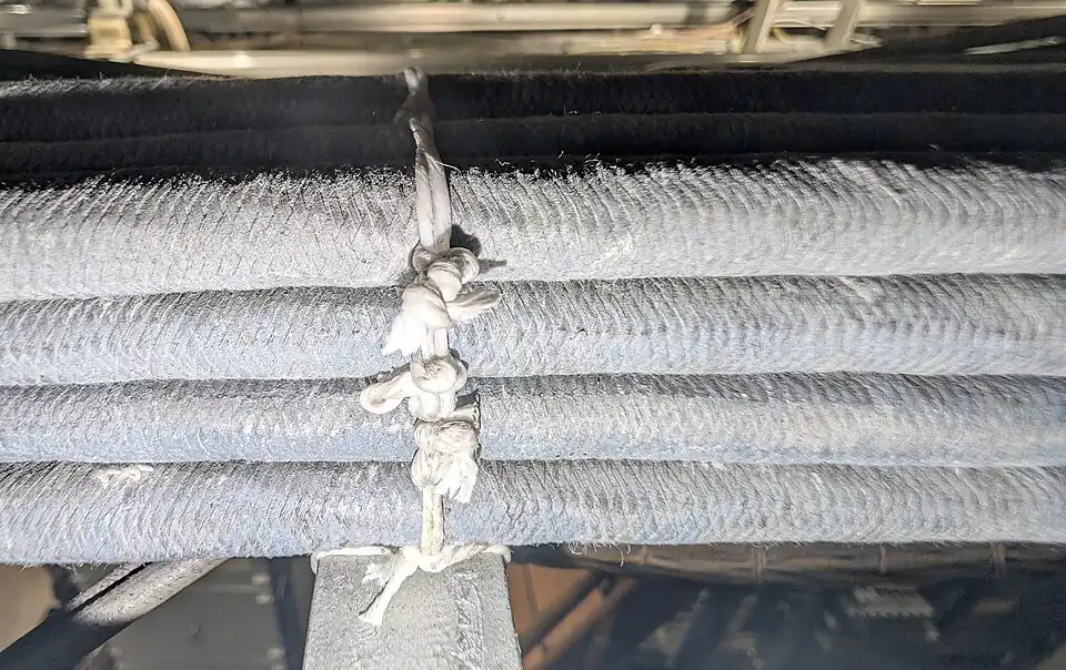 Side view of cables laced together and secured to a frame with a Kansas City stitch.
