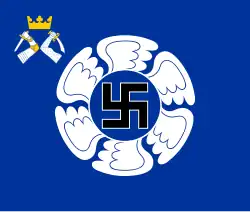 The colour of the Karelian Air Command features, like all Finnish Air Force colours, a swastika within a winged circle. The identifying device is a small coat of arms of Karelia[13]: 275 