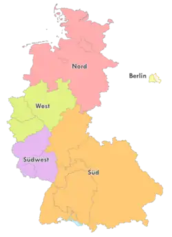 Map of the five first-tier Oberligen (1951-1963)