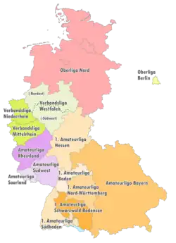 Map of the two Oberligen, and the other German third-tier championships (1974-1978)