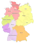 Map of the eleven fifth-tier Oberligen (2010-2012)