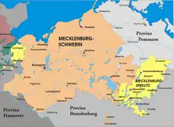 The Principality of Ratzeburg (left-hand yellow territory) within the Duchy of Mecklenburg