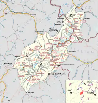 Simplified map of Mont Blanc massif showing location between France, Italy, and Switzerland