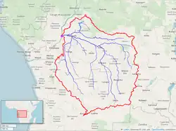 A map of the Kasai River watershed. Mwene Muji controlled the territory around the Lower Kasai, stretching from Lake Mai-Ndombe and Mushie to Idiofa and the Wamba River.