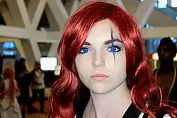 A cosplay model photographed with a ring flash