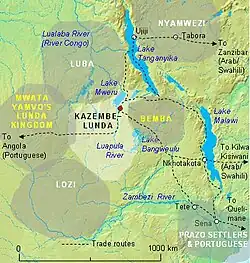 Map of the Kazembe kingdom, larger than and west of the Bemba kingdom