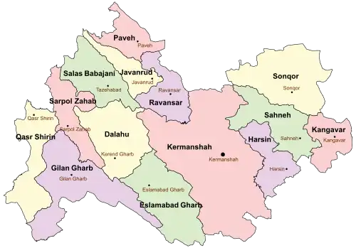 Location of Paveh County in&nbsp;Kermanshah&nbsp;province (top, pink)