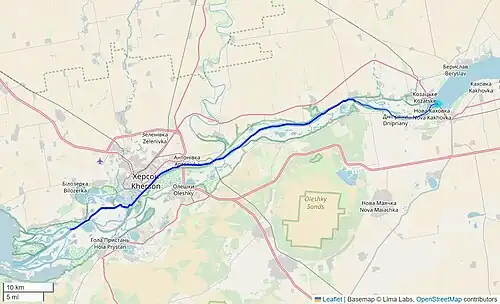 The path of water flowing in the Dnieper River downstream of the Nova Kakhovka dam in Ukraine.