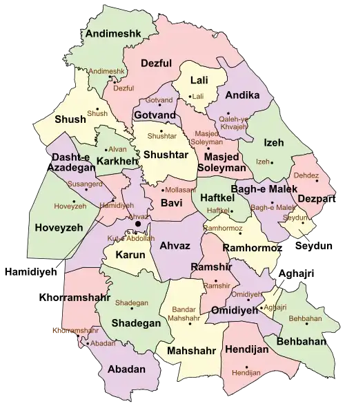 Location of Shushtar County in Khuzestan province (center, yellow)