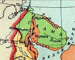 Map of the Kola Peninsula showing language distribution: Saami, Karelian, and Russian areas.