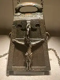 Bell shrine of Kilmichael, 12th century, encasing a 7th–9th century bell possibly associated with Colmcille,[42] NMS