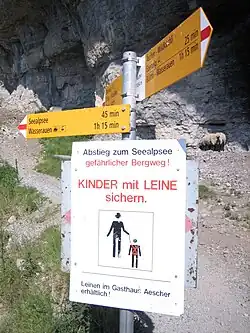 Sign showing a child wearing a safety harness and an adult holding on to the strap. The text on the sign, which is in German, says "The descent to Lake Seealpsee is a dangerous mountain trail! Secure children with a strap."