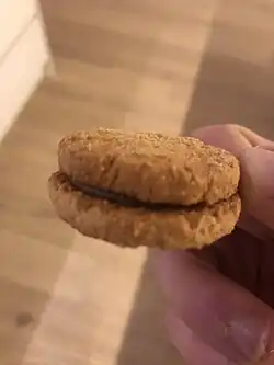 A hand holding a Kingston biscuit