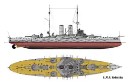 Illustration of this type of vessel; the ship carried two large gun turrets on either end and four smaller turrets arranged around two tall smoke stacks in the center.