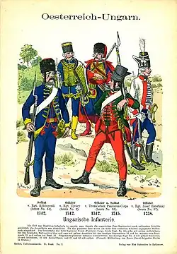 Colored print shows Oesterreich-Ungarn soldiers in blue, red, and white uniforms.