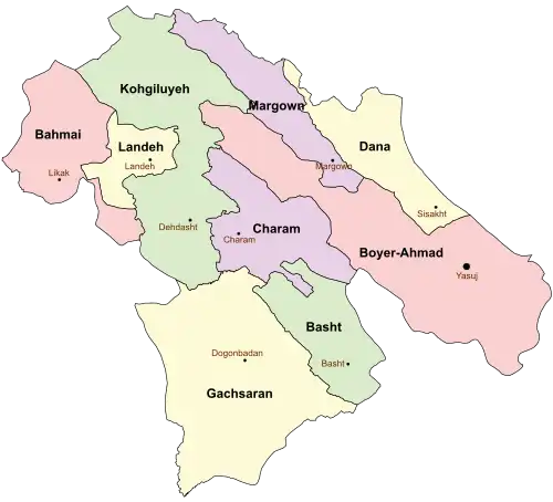 Location of Gachsaran County in Kohgiluyeh and Boyer-Ahmad province (bottom, yellow)