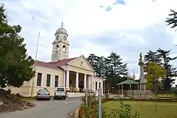 Kokstad City Hall and Victorian Bandstand. Also visible is the Memorial to Cape Mounted Riflemen & Volunteers, East Griqualand.