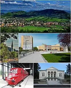 From top: panoramic view of the city from Bílá hora, Štefánikova Street with Church of St. Bartholomew, Nové náměstí (New Square), Slovenská strela express train, Ringhoffer's Villa