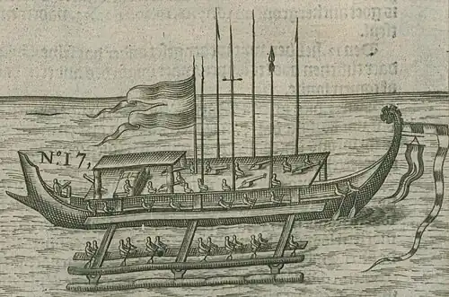 King of Ternate's kora-kora with 7 cannons. The king's luxury bed can be seen.