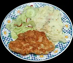 Kotlet z indyka turkey cutlet with spring onion mashed potato, cucumber and radish salad