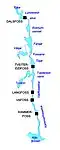 A map of the Kragerø watershed estuary, showing the names of the numerous bodies of water. The black squares represent power plants on the river.
