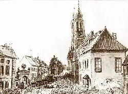 A black and white sketch showing the Krakowskie Przedmieście Street with houses on both sides.