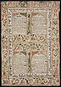 Illuminated plaque on paper with calligraphy and decorative elements. Includes four liturgical poems for Purim customary among Kurdish Jews; mid-19th century, Kurdistan