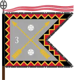 The traditional colour of the Kymi Jaeger Battalion, today a part of the Karelia Brigade, is of the form defined for light infantry. The Kymi Jaeger Battalion follows the traditions of the 3rd Bicycle Battalion and carries that number on its colour, and the Order of the Cross of Liberty both as a streamer and as the point of the staff.[22]