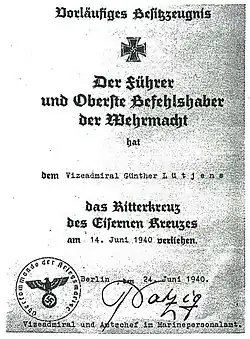 Temporary certificate for the Knight's Cross of the Iron Cross