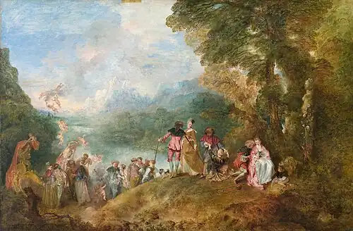 The Embarkation for Cythera; by Jean-Antoine Watteau; 1718; oil on canvas; 1.29 x 1.94 m; Schloss Charlottenburg[177]