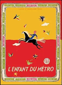 Front cover of a book with an illustration of a child riding a black horse with white mane and tail over red ground against an orange sky. There is a decorative green and pink frame surrounded by a background frame of orange and red complementing the main picture.