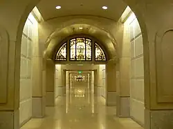 Stained glass in the crypt mausoleum of the Cathedral of Our Lady of the Angels, Los Angeles, California