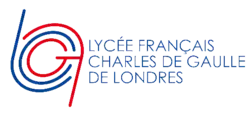 School logo featuring the name of the school and a design of blue and red lines