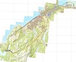Map of the Alta area, with three dashed lines depicting flight data. A point in the mountains is labelled "crash site".