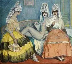 Oil painting showing a nude woman in white mantilla seated between two clothed women in dark mantillas